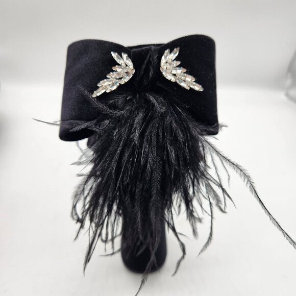 Antonio Melani Platform Sandals Size 7.5 Black Velvet feathers Rhinestone 663 - Picture 11 of 14